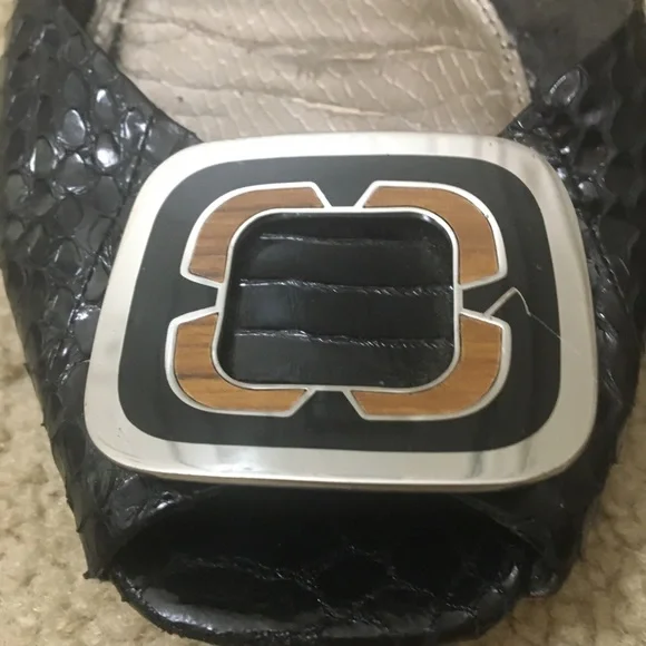 Sam Edelman Erica Flats Peep Toe Snakeskin Embossed Leather Slingback Black - Picture 5 of 13